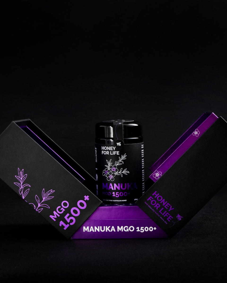Manuka honey product with 'Honey for Life' branding on a dark background
