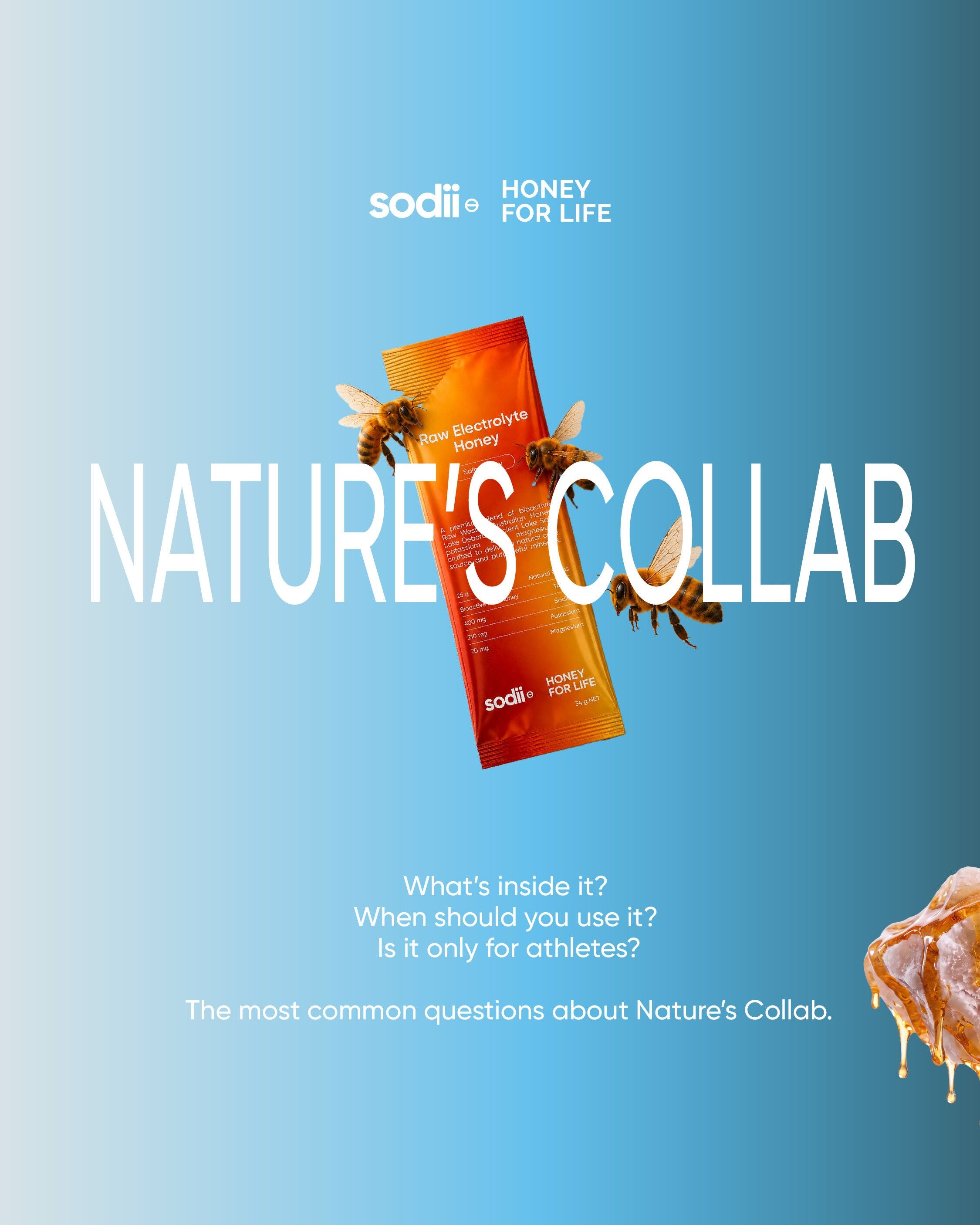 Nature’s Collab Raw Electrolyte Honey sachet and product packaging